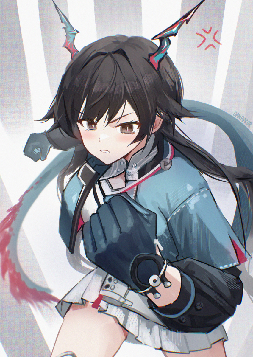 1girl, anger_vein, angry, aqua_gloves, aqua_horns, aqua_jacket, arknights, arknights:_endfield