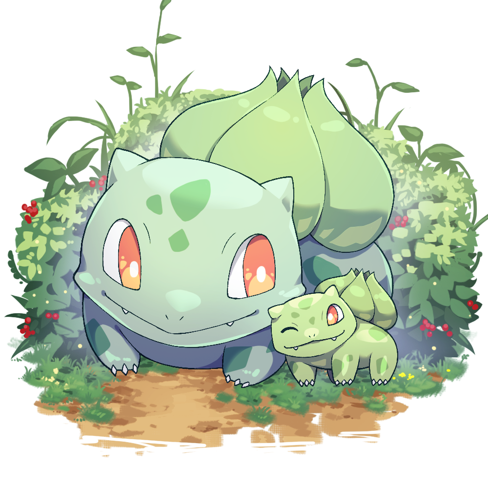 alternate_color, berry, bright_pupils, bulbasaur, bush, claws, commentary_request, edamame_senpai