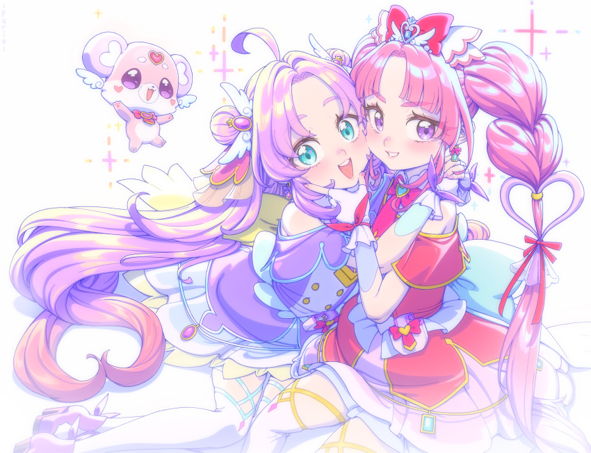2girls, akechi_anna, aqua_trim, bag_bow, blue_eyes, blush, braid, braided_twintails