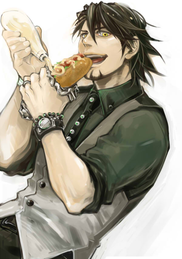arimaty, bracelet, brown_eyes, brown_hair, eating, facial_hair, hot_dog, jewelry