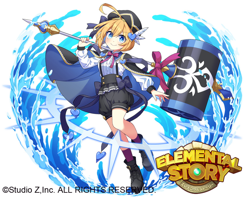 1girl, anniversary_heart, black_boots, black_cape, blonde_hair, blue_eyes, boots, bow