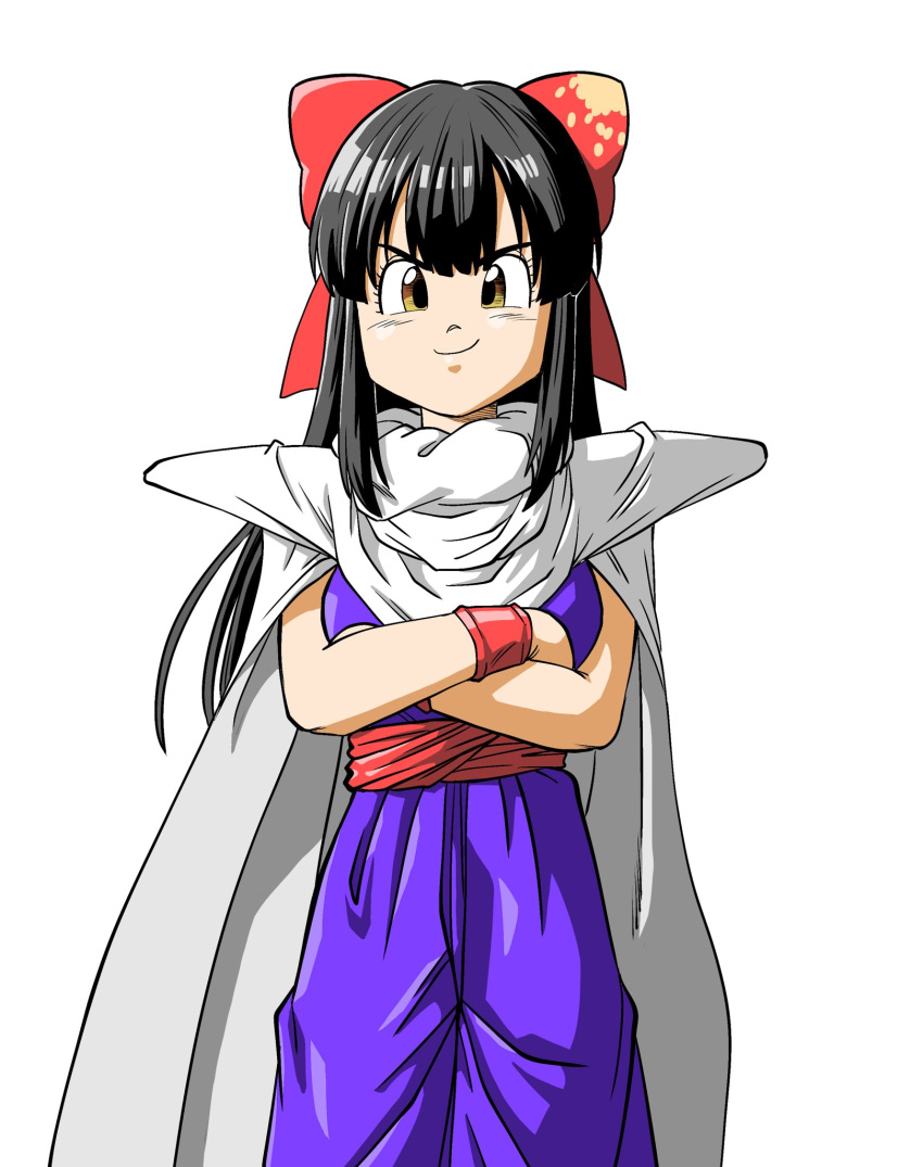 1girl, black_hair, bow, brown_eyes, cape, commentary_request, cosplay, cowboy_shot
