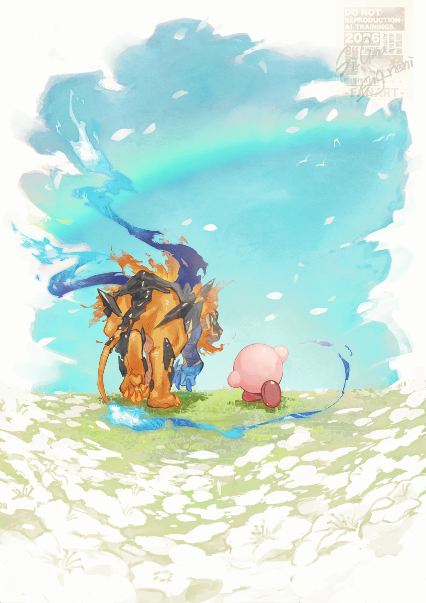 absurdres, animal_hands, blue_fire, blue_sky, fire, flame-tipped_tail, flower, from_behind