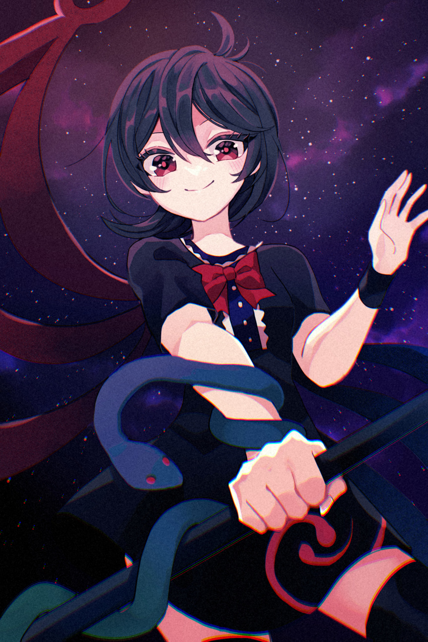 1girl, ahoge, asymmetrical_wings, black_dress, black_hair, black_thighhighs, blue_wings, bow
