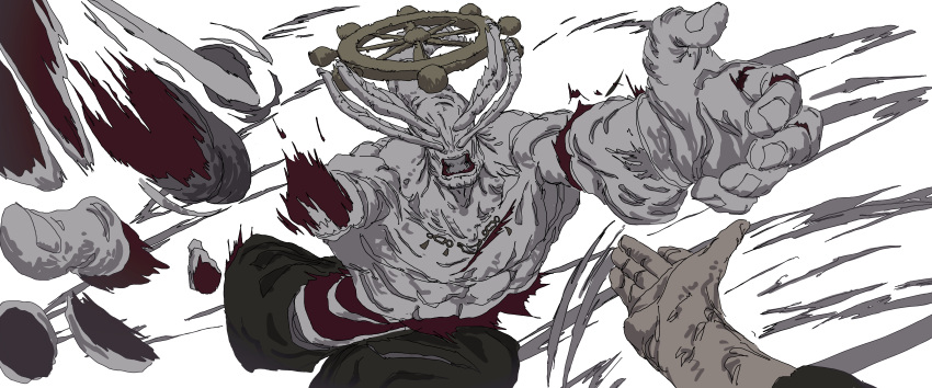 1boy, 1other, absurdres, commentary, eight-handed_wheel, extra_eyes, four_eyes, head_tail, highres, jujutsu_kaisen, kehako, mahoraga_(jujutsu_kaisen), multiple_boys, muscular, muscular_other, pov, ryoumen_sukuna_(jujutsu_kaisen), teeth, wheel_of_dharma, wings_as_eyes