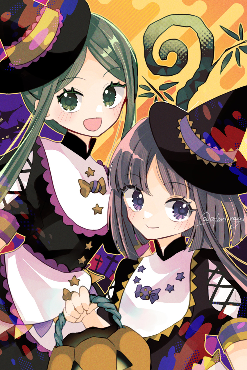 2girls, :d, apron, bib_collar, black_dress, black_hat, blunt_ends, brown_hair