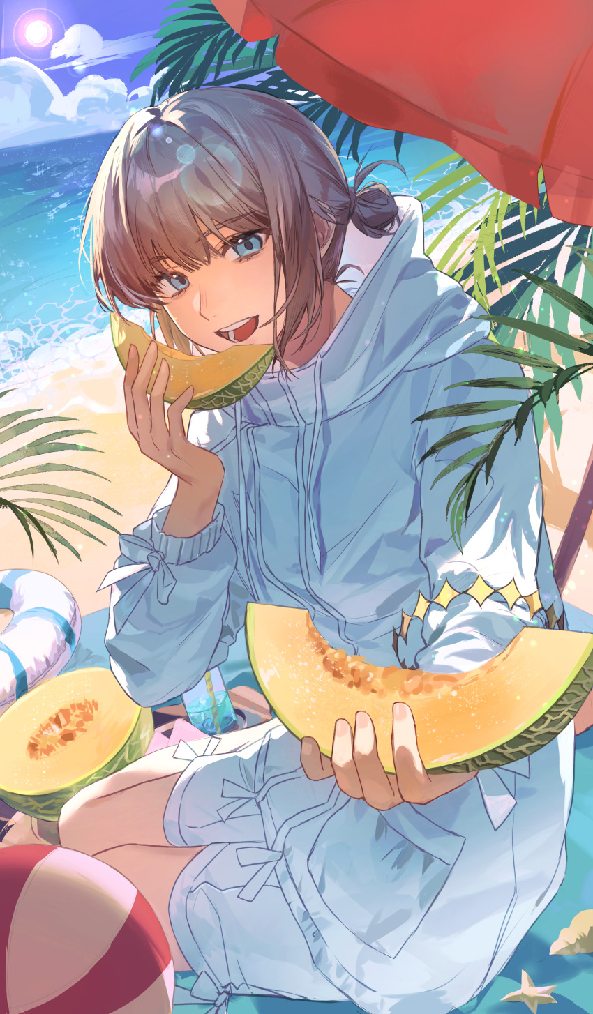 1boy, absurdres, ball, beach, beachball, blue_eyes, brown_hair, cantaloupe