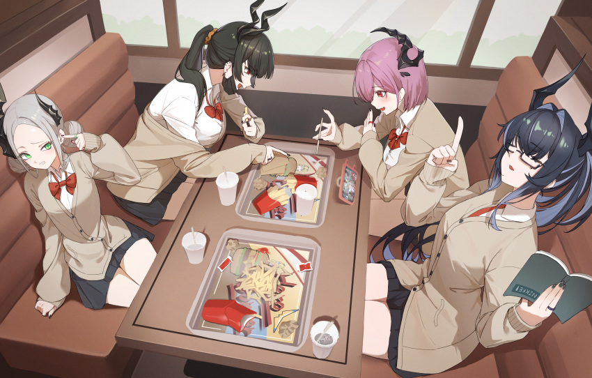 4girls, absurdres, alternate_costume, asymmetrical_horns, bahamut_(nikke), behemoth_(nikke), black_hair, black_horns