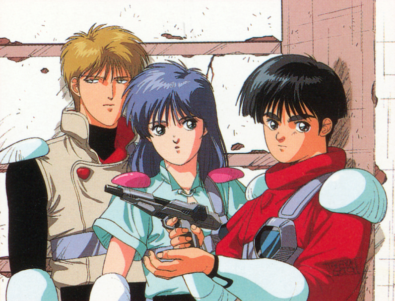 1980s_(style), akai_koudan_zillion, apple_(zillion), armor, black_eyes, black_hair, blonde_hair, blue_eyes, blue_hair, bowl_cut, bracer, champ_(zillion), energy_gun, gun, handgun, holding, holding_gun, holding_weapon, j.j._(zillion), long_hair, long_sleeves, looking_at_viewer, non-web_source, official_art, ray_gun, retro_artstyle, scan, short_hair, short_sleeves, shoulder_armor, sleeveless, sleeveless_jacket, thick_eyebrows, turtleneck, weapon