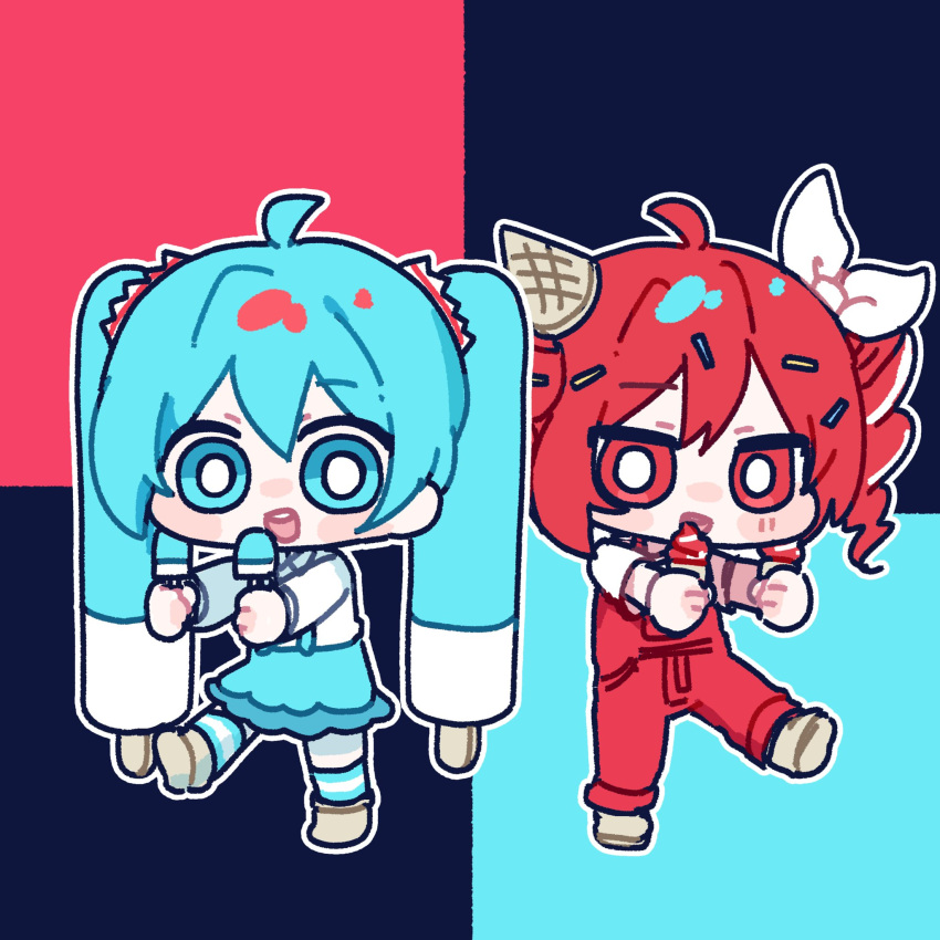 2girls, :d, ahoge, blue_eyes, blue_hair, blue_skirt, blue_socks, blush_stickers
