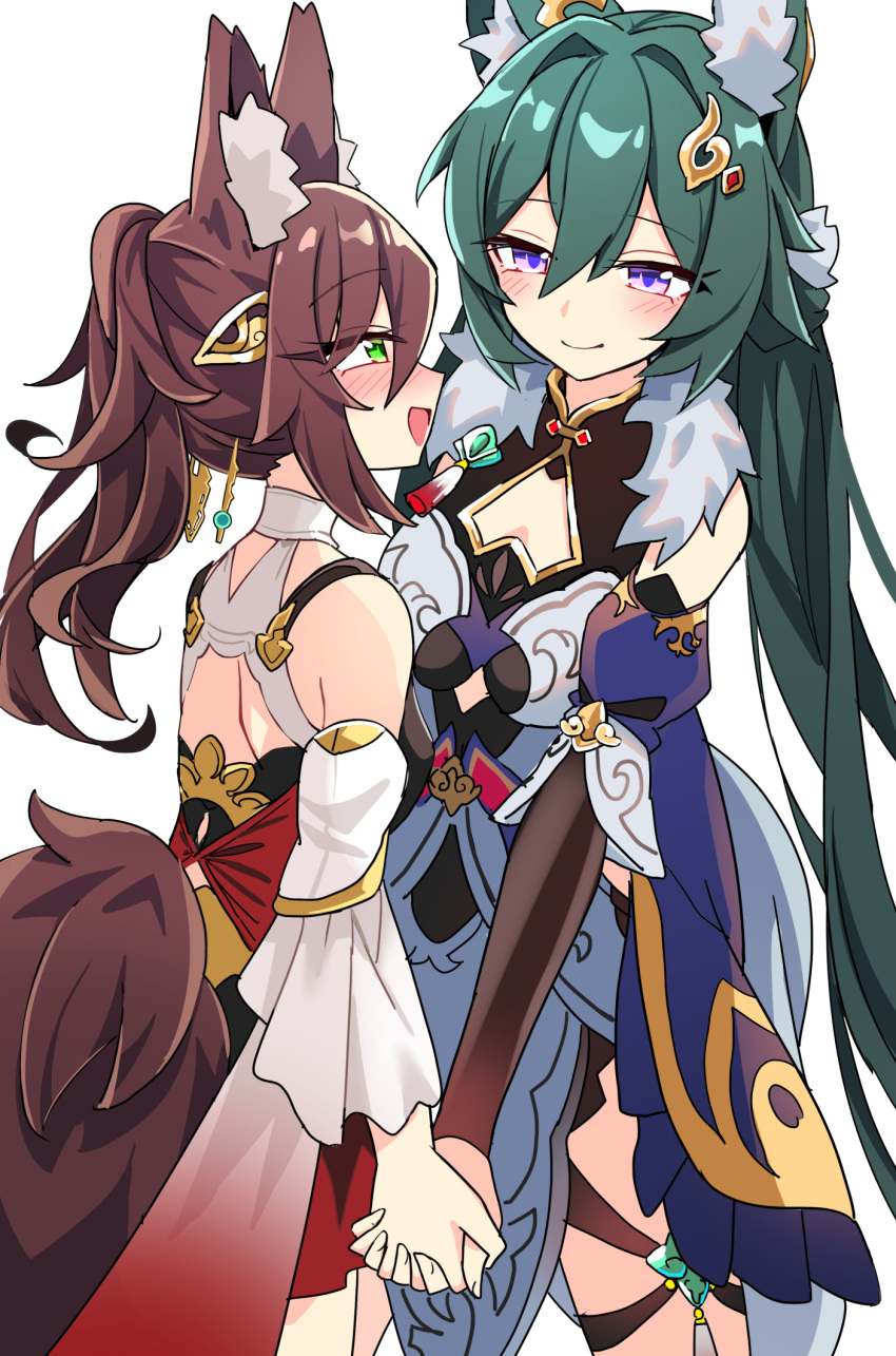 2girls, animal_ear_fluff, animal_ears, aqua_gem, back_cutout, bare_back, bare_shoulders, black_dress