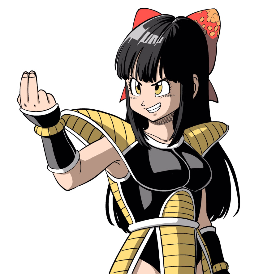 1girl, armor, black_leotard, bow, breasts, commentary_request, cosplay, dragon_ball