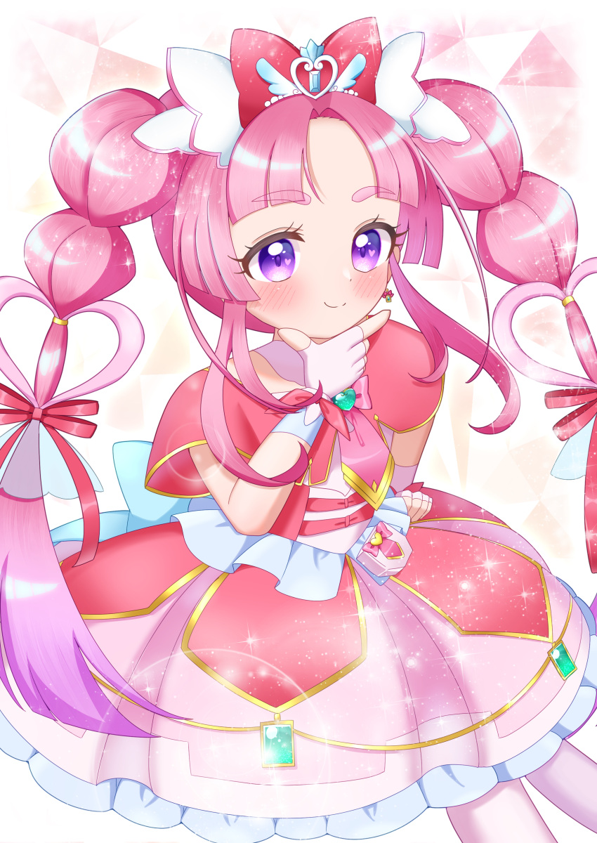 1girl, absurdres, bare_shoulders, blue_bow, blunt_bangs, blunt_ends, blush, bow, braid, brooch, closed_mouth, commentary_request, cure_mystique, dress, earrings, fingerless_gloves, glove_bow, gloves, gold_trim, gradient_background, hair_bow, hair_ornament, hand_on_own_hip, heart, heart_background, heart_brooch, heart_in_eye, highres, impossible_hair, index_finger_raised, jewelry, kobayashi_mikuru, layered_dress, leg_up, long_hair, looking_at_viewer, magical_girl, medium_dress, meitantei_precure!, mirun_migyu, off-shoulder_dress, off_shoulder, pact_holder, parted_bangs, pink_background, pink_bow, pink_dress, pink_gloves, pink_hair, pink_thighhighs, pleated_dress, pouch, precure, red_bow, sidelocks, smile, solo, sparkle, symbol_in_eye, thigh-highs, twin_braids, very_long_hair, violet_eyes, wing_hair_ornament