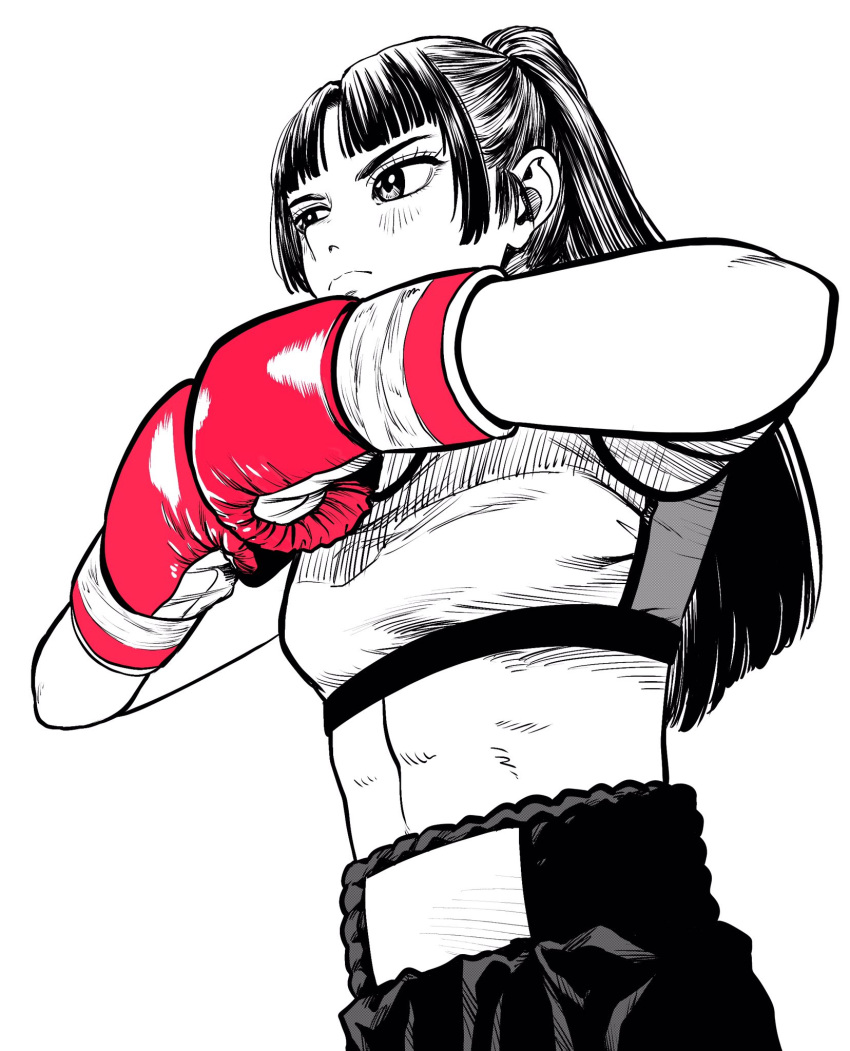 1girl, boxing_gloves, boxing_shorts, breasts, commentary_request, crosshatching, from_below, frown, gloves, greyscale, hatching_(texture), high_ponytail, highres, lee_(dragon_garou), linea_alba, midriff, monochrome, original, own_fists_together, ponytail, profile, red_gloves, shorts, small_breasts, solo, sports_bra, spot_color, upper_body
