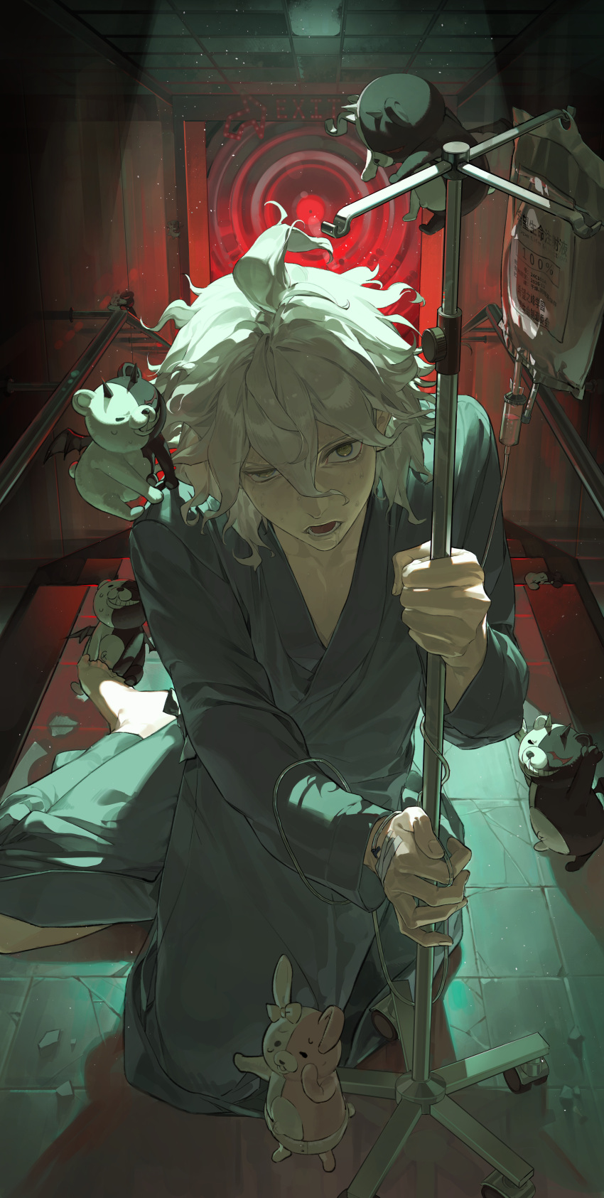1boy, absurdres, barefoot, chinese_commentary, commentary_request, danganronpa_(series), danganronpa_2:_goodbye_despair, grey_pajamas
