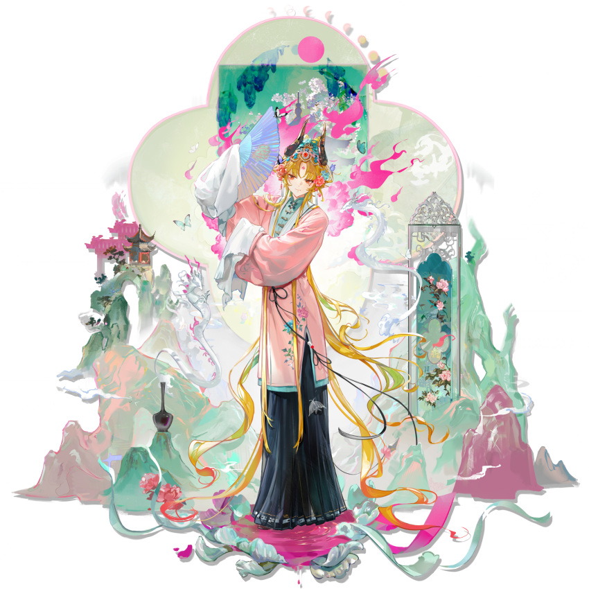 1girl, aoqun, aqua_flower, aqua_shirt, architecture, arknights, black_skirt, blonde_hair