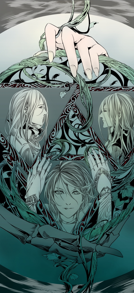 3boys, bone, dsprite23, fingernails, leaf, long_fingernails, long_hair, looking_at_viewer