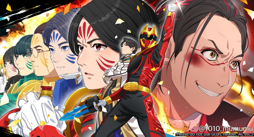 1010_mumumu, absurdres, arm_up, bakugami_ryugi, battle_damage, belt, black_bodysuit, black_hair