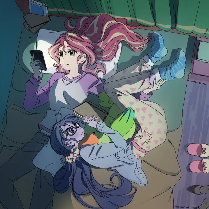 2girls, 5mmumm5, \||/, ahoge, ankle_socks, bed, black-framed_eyewear, black_hair