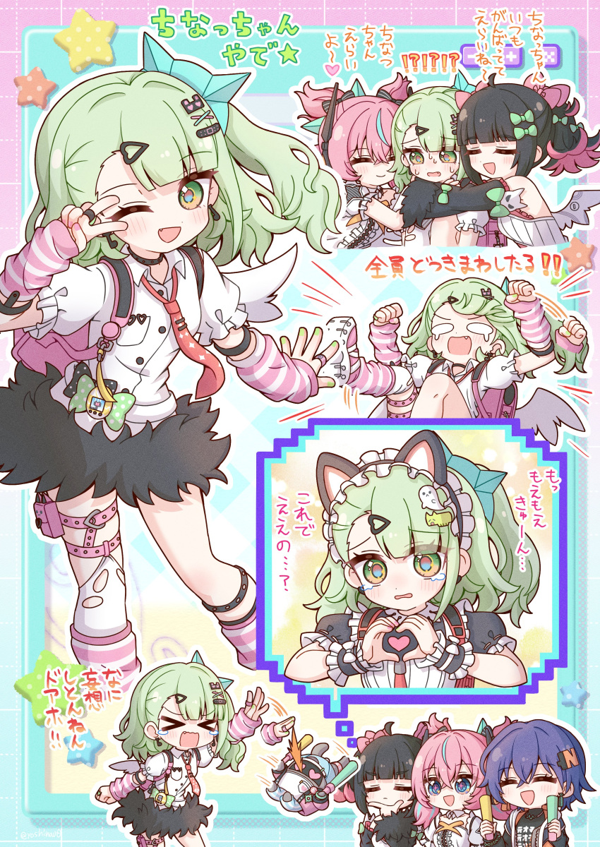 >_<, 4girls, absurdres, angels_of_delusion, aqua_hair, aria_(zenless_zone_zero), arm_warmers, backpack