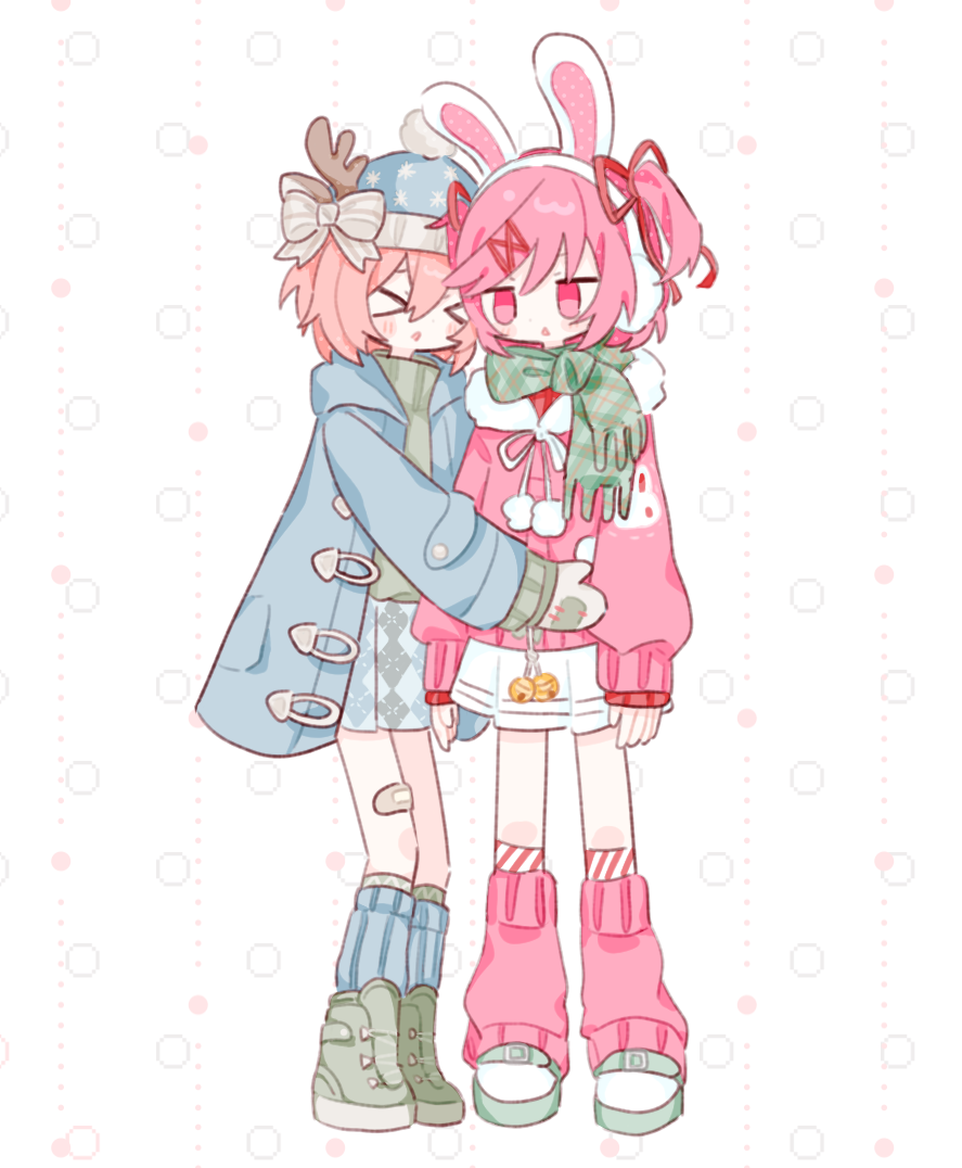 >_<, 2girls, alternate_costume, bandaid, bandaid_on_leg, beanie, bell, blue_hat