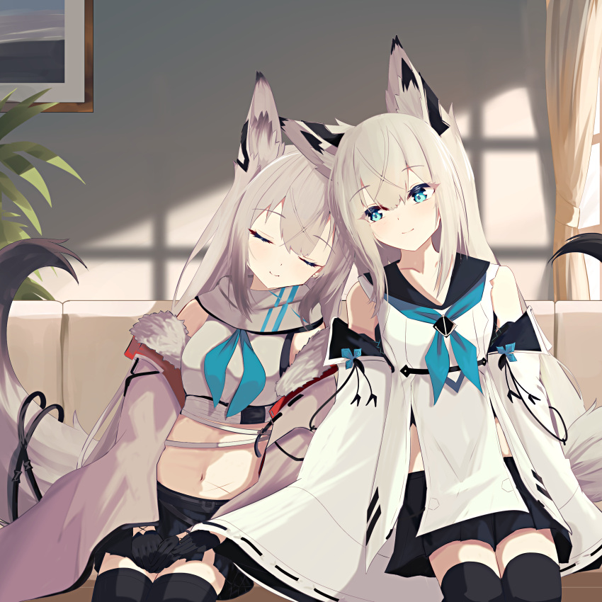 2girls, absurdres, animal_ears, azur_lane, bare_shoulders, belt, black_gloves, black_skirt