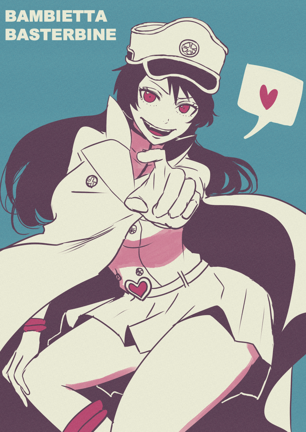 1girl, bambietta_basterbine, belt, black_hair, bleach, bleach:_sennen_kessen-hen, blue_background, boots