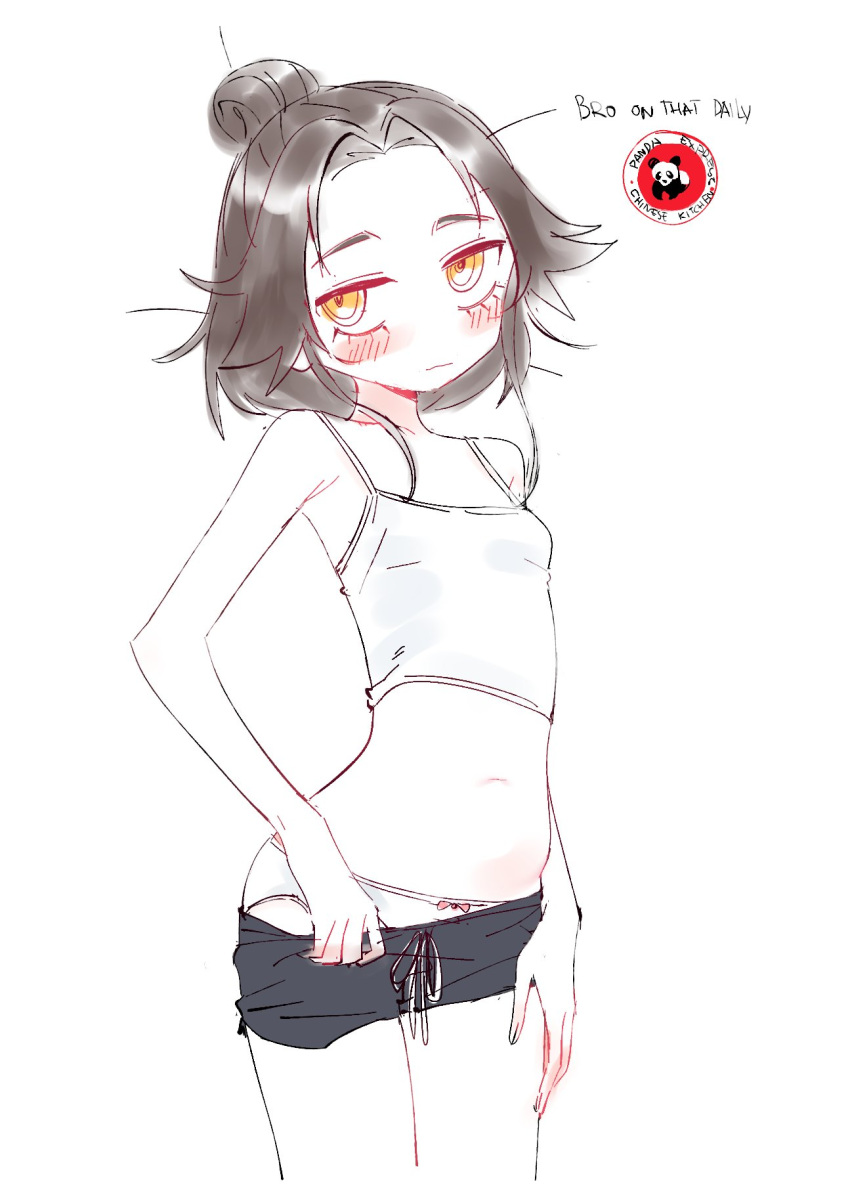 1girl, bare_arms, bare_shoulders, black_hair, blush, bow, bow_panties, breasts, camisole, closed_mouth, eds, hair_bun, highres, looking_at_viewer, navel, original, panties, small_breasts, solo, striped_clothes, striped_panties, thick_eyebrows, underwear, white_background, white_panties