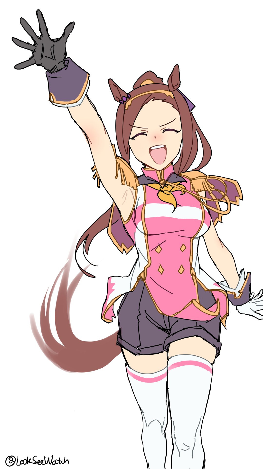 1girl, animal_ears, armpits, epaulettes, facing_viewer, hand_up, highres, horse_ears, horse_girl, horse_tail, kej3516, open_mouth, sakura_bakushin_o_(blossom_in_learning)_(umamusume), sakura_bakushin_o_(umamusume), solo, tail, teeth, thigh-highs, twitter_username, umamusume, upper_teeth_only, white_background, white_thighhighs