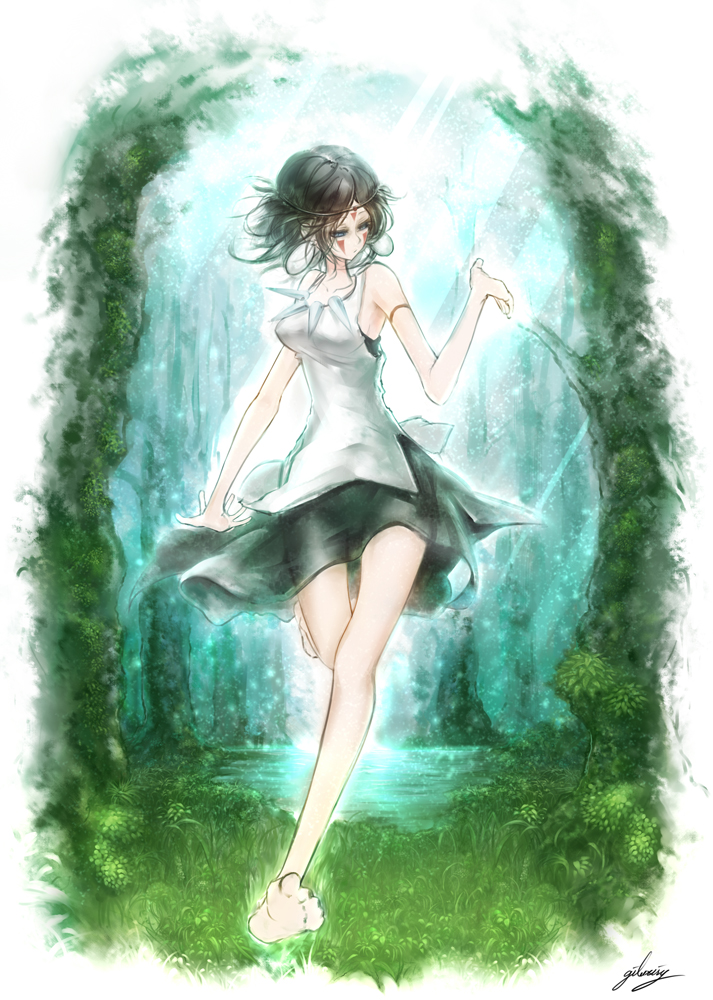 bare_legs, barefoot, black_hair, blue_eyes, earrings, facepaint, giluziru, headband, jewelry, mononoke_hime, necklace, san, short_hair, solo, studio_ghibli