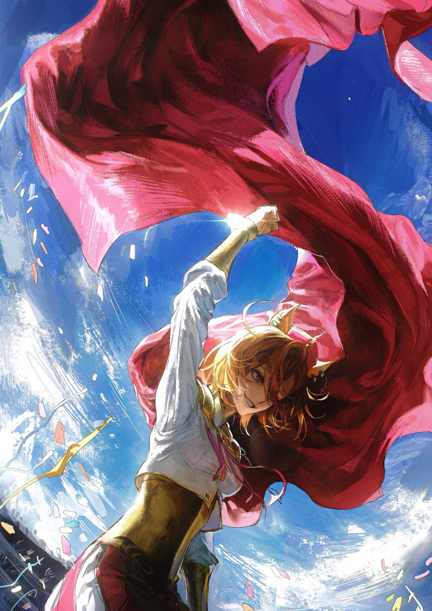 1girl, animal_ears, arm_up, armor, blue_sky, breasts, cape, clenched_hand
