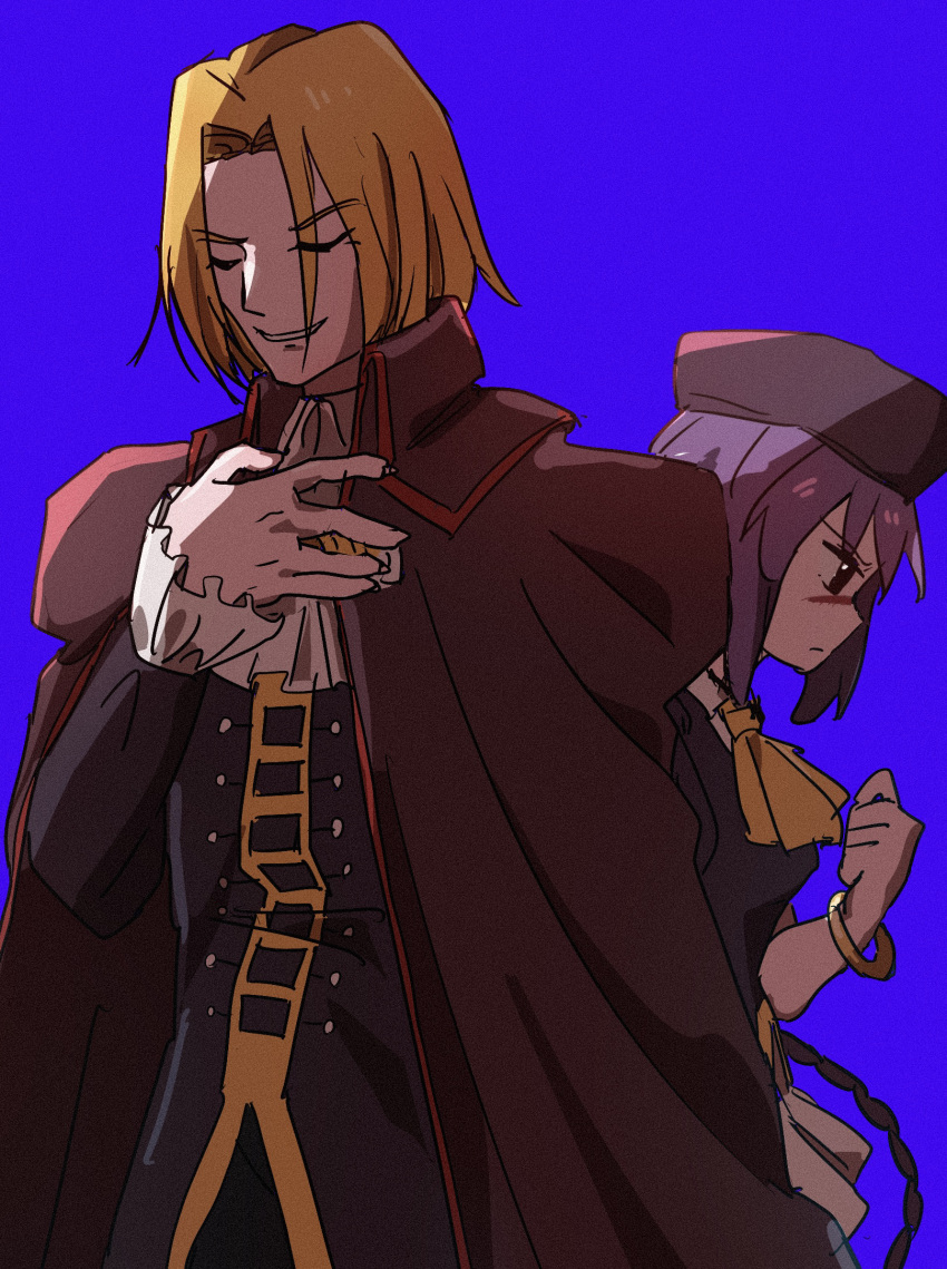 1boy, 1girl, ascot, blonde_hair, blush, bracelet, braid, brown_cloak