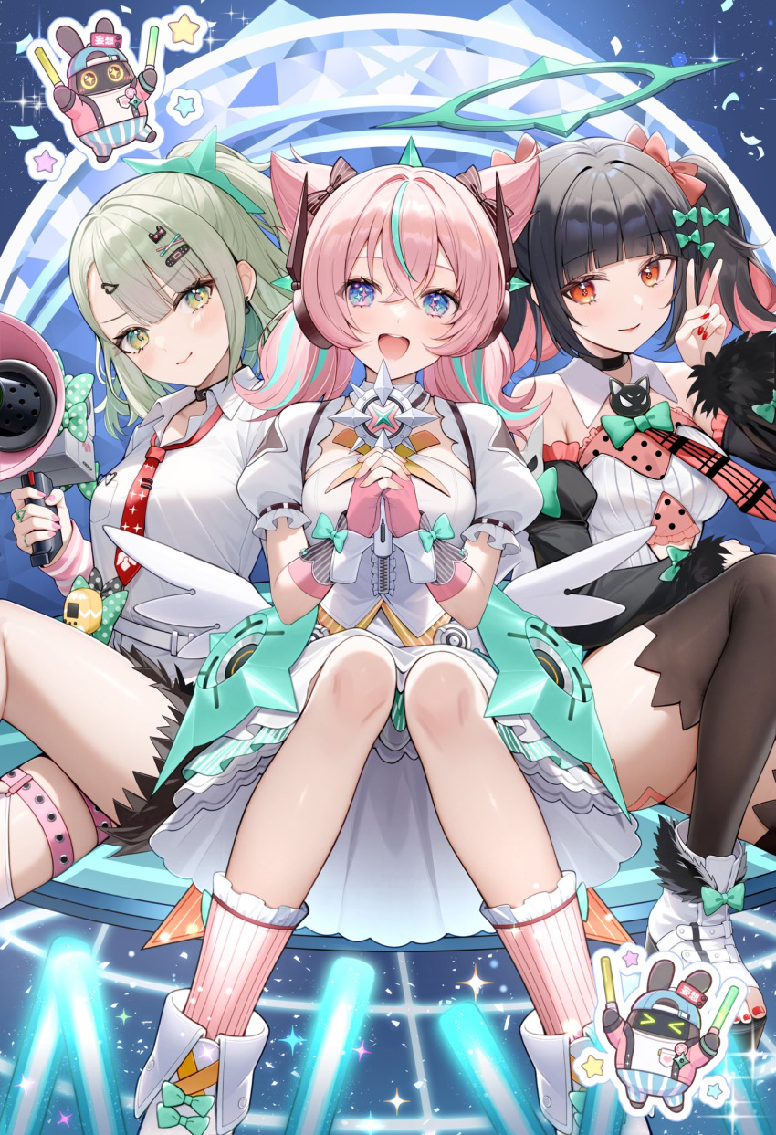 3girls, angels_of_delusion, aria_(ariacue), aria_(zenless_zone_zero), arm_warmers, bangboo_(zenless_zone_zero), biggest_fan_(zenless_zone_zero), black_hair