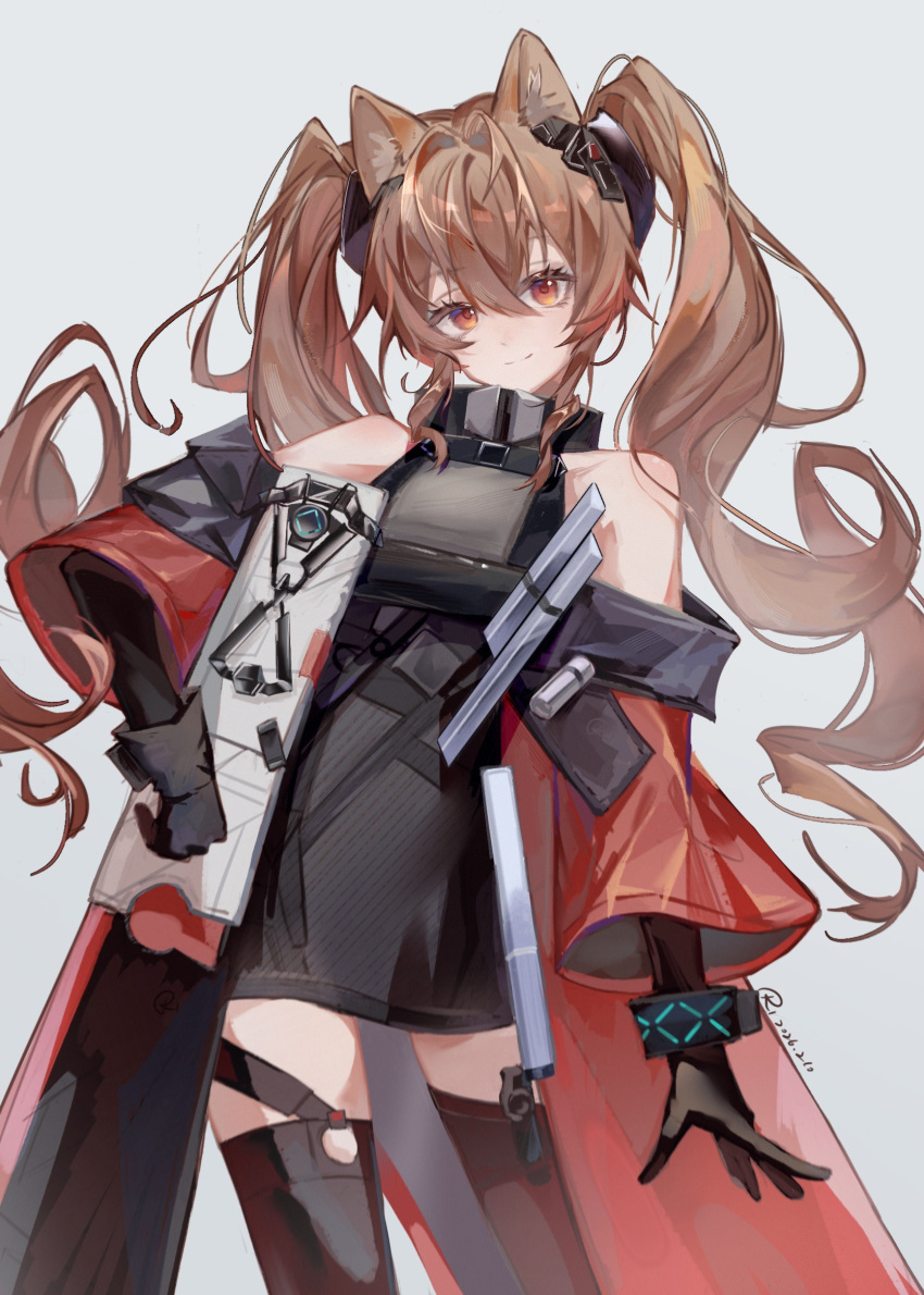1girl, angelina_(arknights), animal_ear_fluff, animal_ears, arknights, arknights:_endfield, bare_shoulders, belt