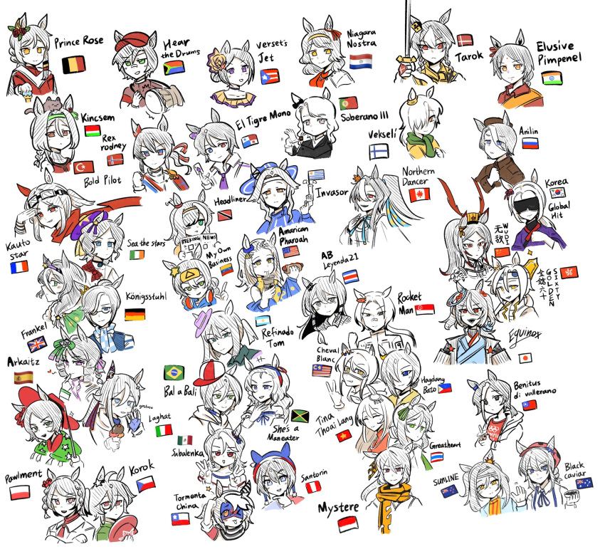 6+girls, american_flag, australian_flag, blue_eyes, brazilian_flag, canadian_flag, character_name, chinese_text
