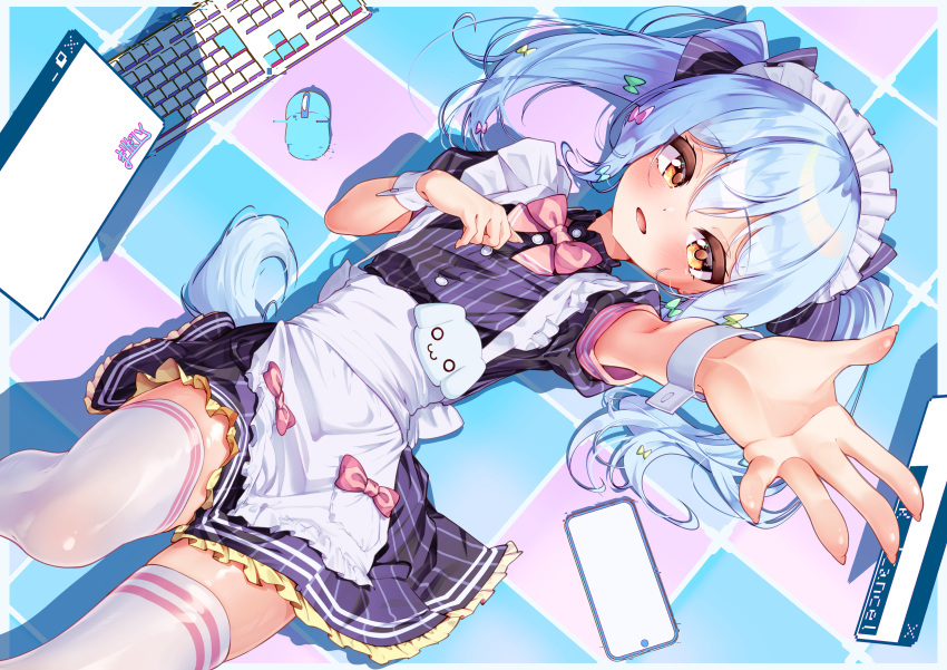 1boy, absurdres, apron, blue_hair, blush, bow, bowtie, cellphone