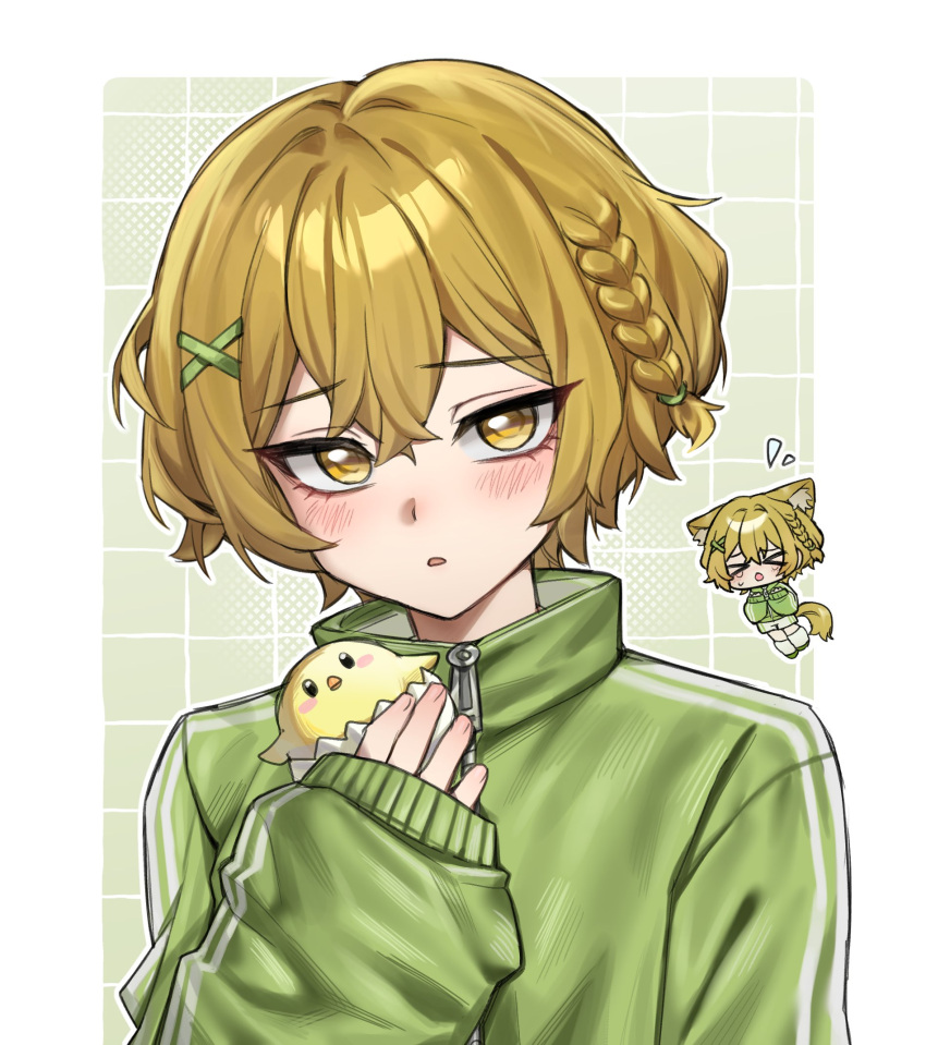 >_<, 1boy, 1mingk, animal, animal_ears, baby_animal, bird, blonde_hair, blush, border, braid, chibi, chibi_inset, chick, commentary, crossed_bangs, crying, dog_ears, dog_tail, facing_viewer, fingernails, green_background, green_shoes, green_track_suit, grid_background, hair_between_eyes, hair_ornament, hairclip, highres, holding, holding_animal, leg_warmers, limbus_company, looking_at_viewer, male_focus, notice_lines, open_mouth, port, project_moon, shoes, shorts, side_braid, sinclair_(project_moon), sleeves_past_wrists, solo, tail, tears, track_suit, untranslatable_commentary, white_border, white_leg_warmers, white_shorts, white_trim, x_hair_ornament