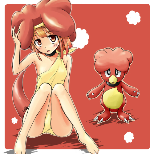 1girl, baby_pokemon, feet, lowres, magby, moemon, orange_hair, personification