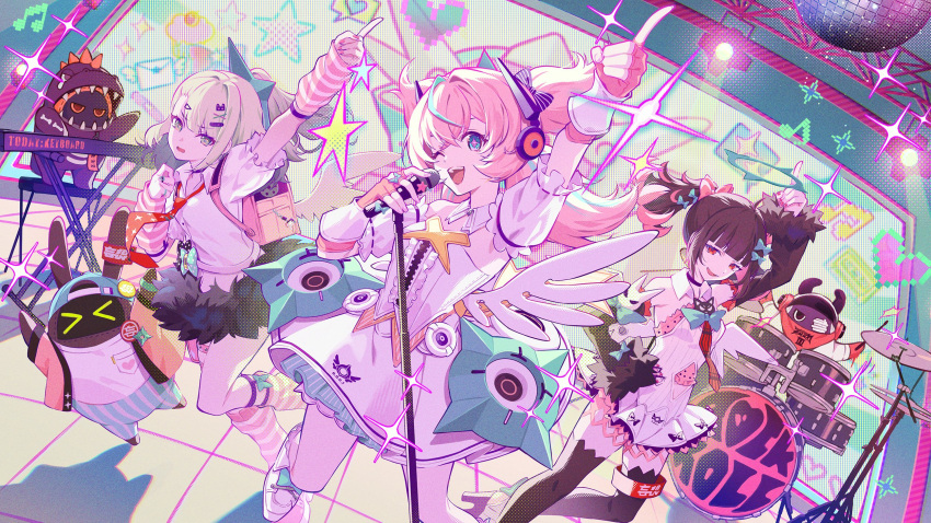 3girls, angels_of_delusion, aria_(zenless_zone_zero), arm_up, arm_warmers, backpack, bag, bangboo_(zenless_zone_zero), biggest_fan_(zenless_zone_zero), black_hair, black_skirt, black_thighhighs, commentary_request, detached_sleeves, fingerless_gloves, gloves, green_hair, highres, hinatsu, holding, holding_microphone_stand, idol, leg_warmers, long_hair, long_sleeves, looking_at_viewer, microphone_stand, multiple_girls, musical_note, nangong_yu, one_eye_closed, open_mouth, parted_lips, pink_gloves, pink_hair, shirt, short_sleeves, skirt, striped_arm_warmers, striped_leg_warmers, sunna_(zenless_zone_zero), teeth, thigh-highs, upper_teeth_only, white_shirt, zenless_zone_zero