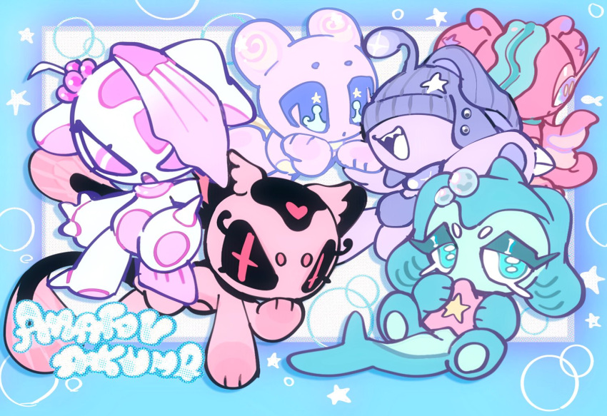 6+others, :d, amatou_akuma, animal_ears, antennae, artist_name, beanie, black_sclera