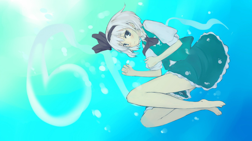 ascot, barefoot, blue_eyes, blush, bow, dress_shirt, feet, ghost