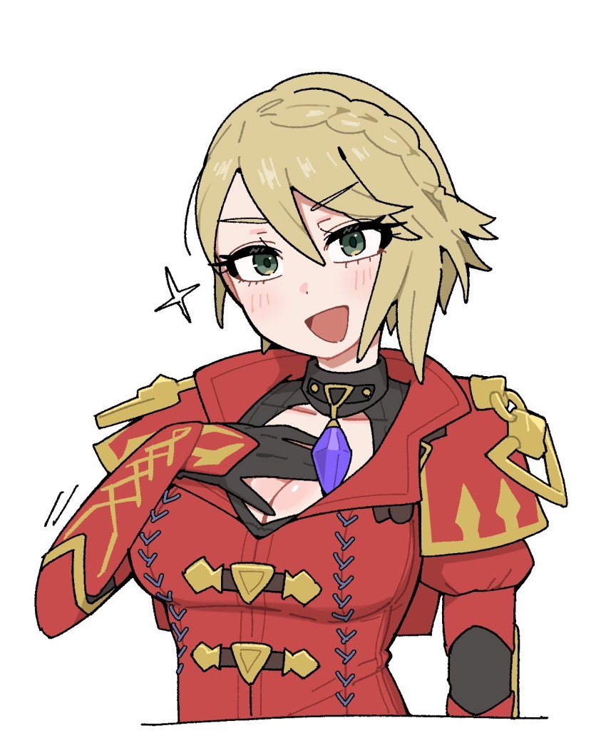 blonde_hair, commentary_request, eleanor_(monster_hunter_stories:_3_twisted_reflection), gem, green_eyes, highres, jacket, mocha_mh