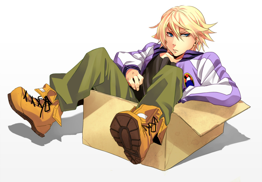 blonde_hair, blue_eyes, boots, box, boy_in_a_box, cardboard_box, dpzkzl, in_box