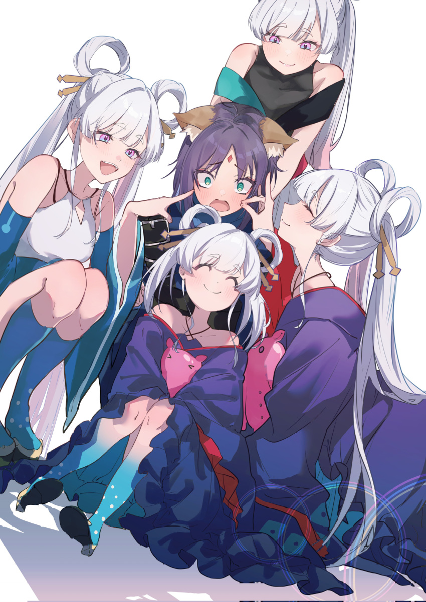 5girls, absurdres, affectionate_harem, animal_ears, bare_shoulders, black_dress, blue_eyes, blue_socks, blush, cheek_poking, cho_kaguya-hime!, clone, clone_harem, closed_eyes, closed_mouth, commentary_request, dress, dutch_angle, forehead_jewel, fox_ears, fox_shadow_puppet, green_eyes, highres, japanese_clothes, kimono, kneehighs, multicolored_eyes, multiple_girls, multiple_persona, nami_(wa98449), off_shoulder, open_mouth, pink_eyes, poking, purple_hair, purple_kimono, runami_yachiyo, sakayori_iroha, smile, socks, two-tone_eyes, white_dress, yuri