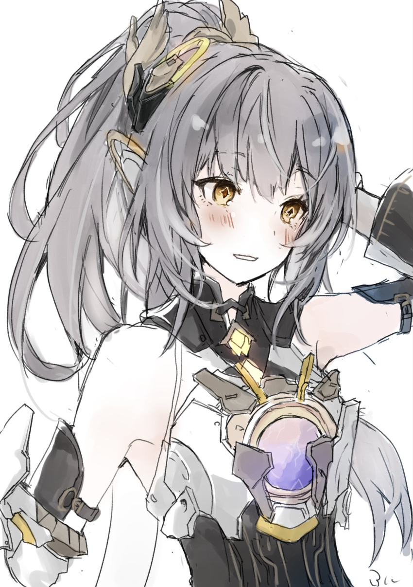 +_+, 1girl, arm_behind_head, arm_up, blush, commentary_request, grey_hair, greyscale