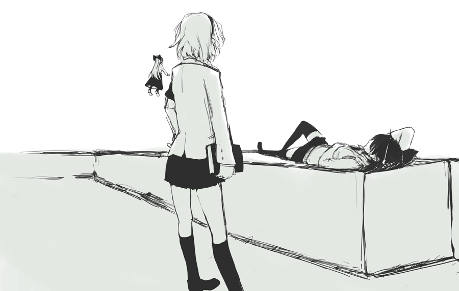 alice_margatroid, book, doll, duster_(artist), hakurei_reimu, lying, monochrome, multiple_girls, school_uniform, touhou