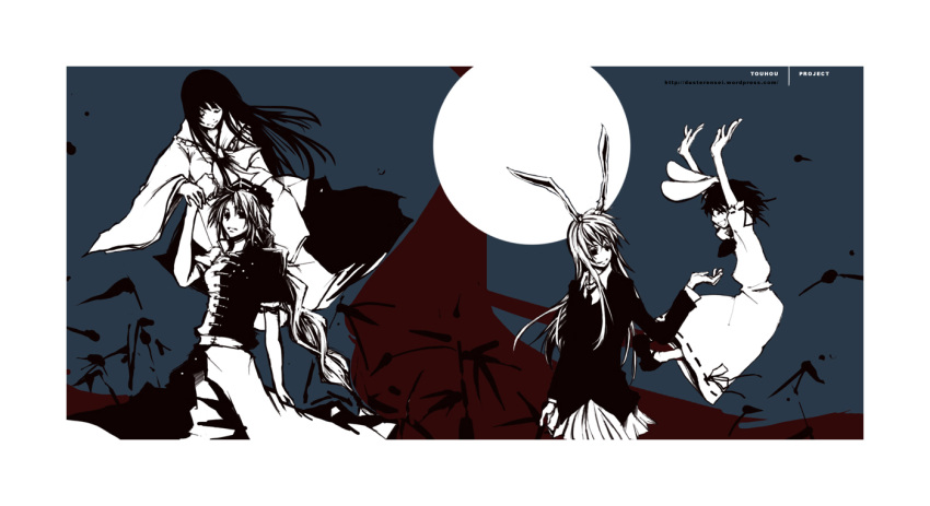 animal_ears, bunny_ears, duster_(artist), full_moon, houraisan_kaguya, inaba_tewi, monochrome, moon