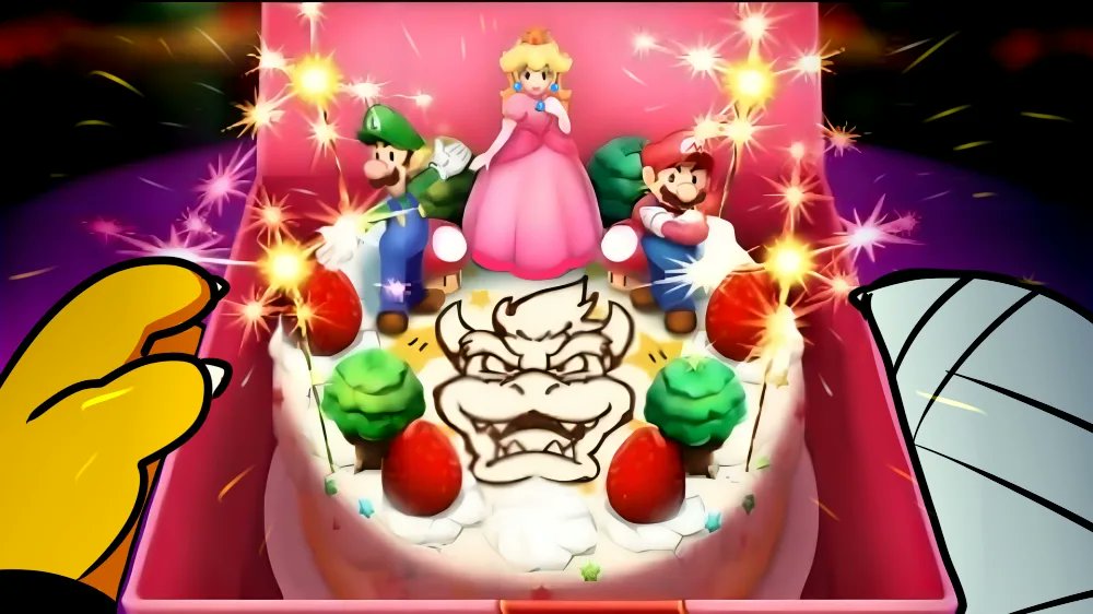 1girl, 3boys, bandages, bowser, cake, cake_slice, facial_hair, food, fruit, hat, holding, holding_cake, holding_food, luigi, mario, mario_&amp;_luigi:_bowser's_inside_story, mario_&amp;_luigi_rpg, multiple_boys, mustache, natsukothemun, pastry, pov, princess_peach, red_hat, strawberry, strawberry_cake, strawberry_shortcake, super_mario_bros.