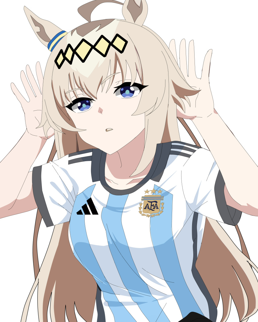 1girl, absurdres, ahoge, animal_ears, argentina, argentinian_flag, argentinian_flag_print, asociacion_de_futbol_argentina, blue_eyes, ear_ornament, flag_print, grey_hair, hair_ornament, hairband, hands_up, highres, horse_ears, horse_girl, long_hair, oguri_cap_(umamusume), oguricapuma1, shirt, solo, striped_clothes, striped_shirt, t-shirt, umamusume, white_background