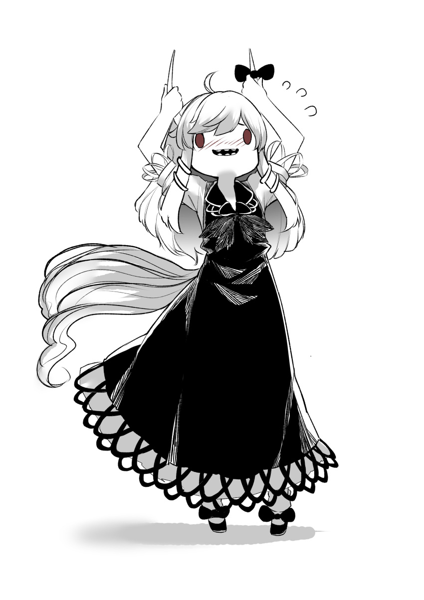 1girl, absurdres, arms_up, ascot, blush, bow, collared_dress, dress